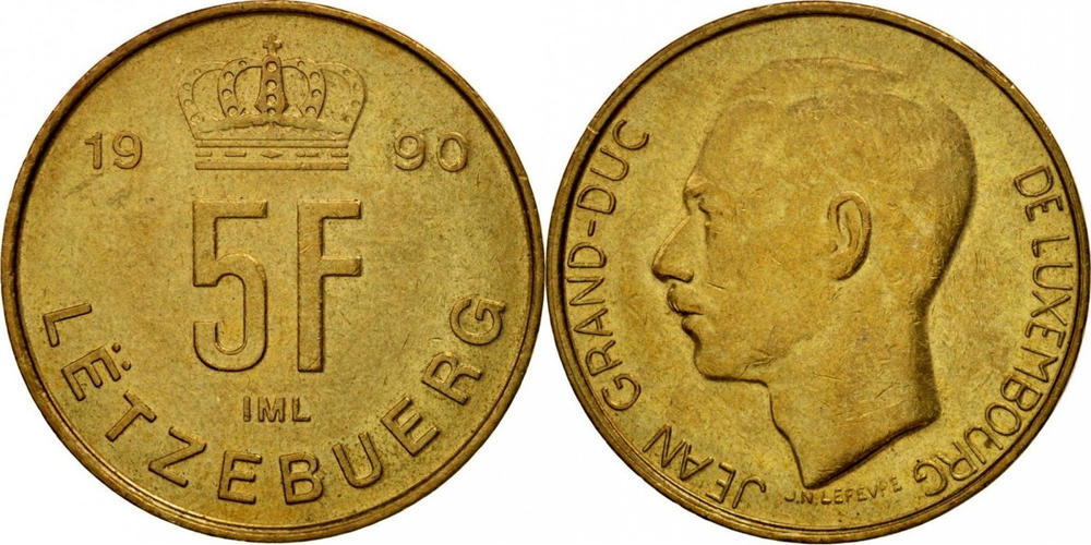 Люксембург 5 франков, 1989 - 1995 Великий герцог Жан XF