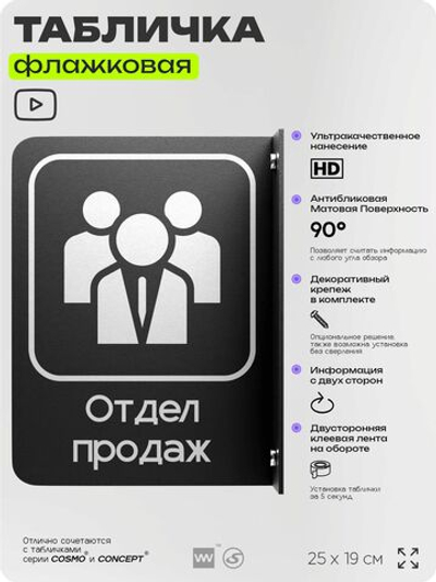 Табличка Отдел продаж флажковая на стену, двусторонняя с крепежом, 19 х 25 см, для офиса, кафе, ресторана, серия COSMO, Айдентика Технолоджи