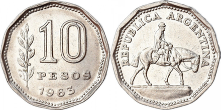 Аргентина 10 песо, 1962 - 1968 Пастух Гаучо XF