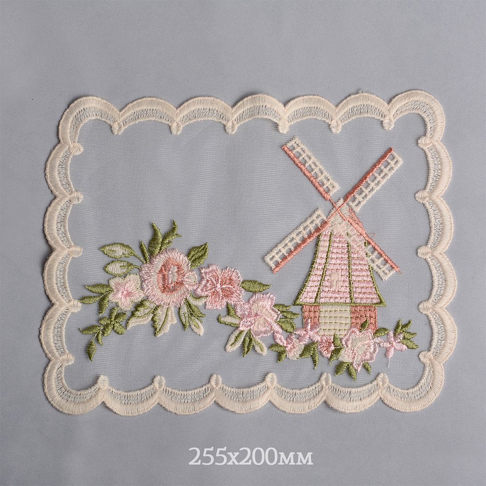 Пришивная кружевная аппликация с цветами и мельницей арт.TY.HTEX.15.2 255х200мм цв.молочный/розовый/зеленый уп.5 шт, Kruzhevo