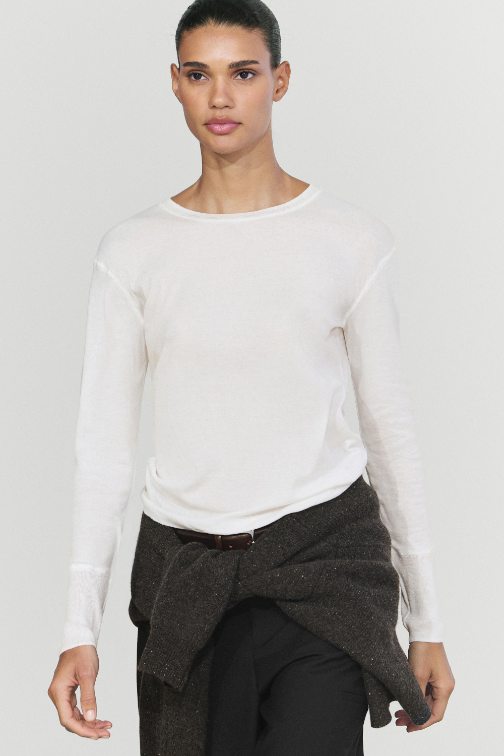 Massimo Dutti Футболка с длинными рукавами и манжетами, белый