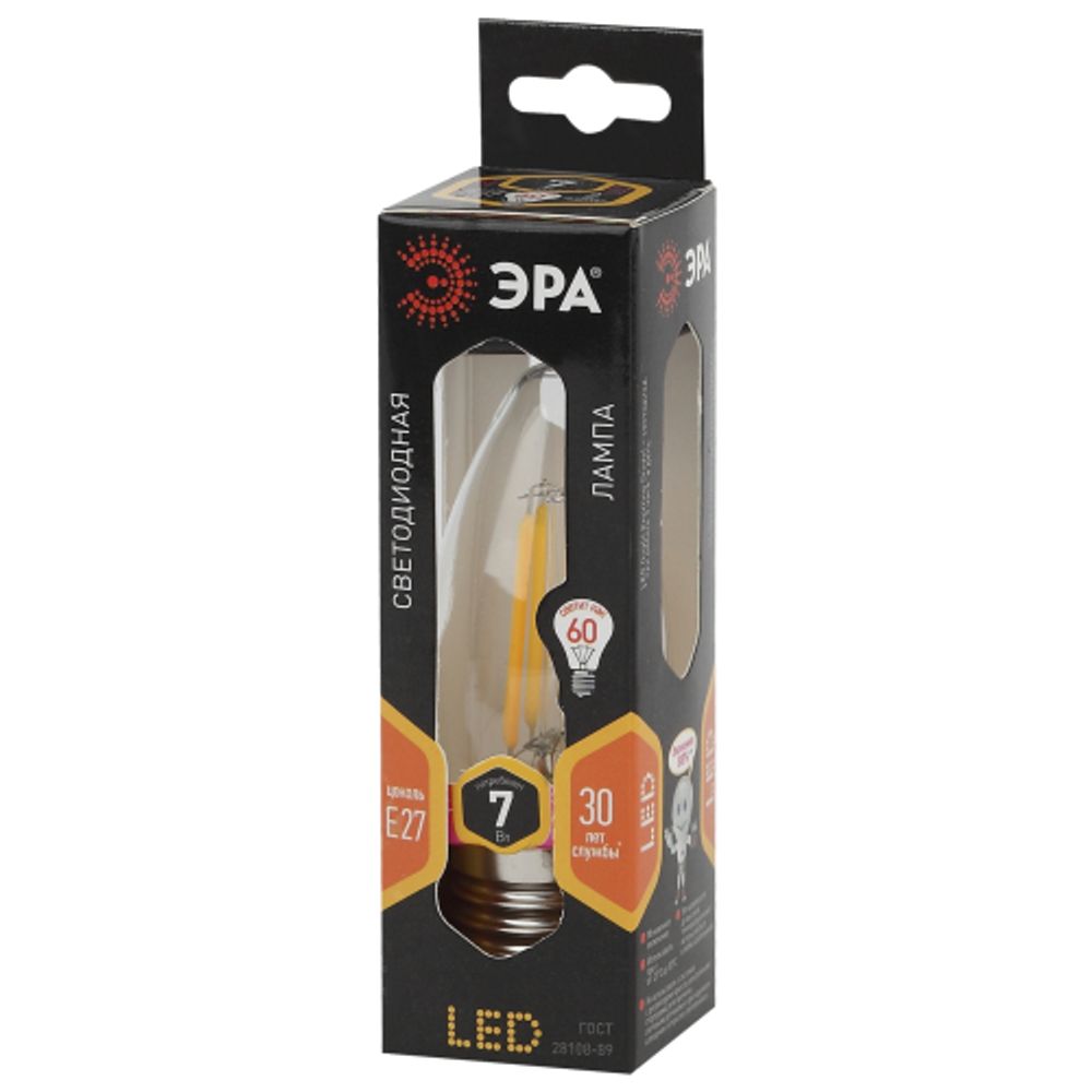 Лампа светодиодная ЭРА F-LED B35-7W-827-E27 7Вт филамент свеча теплый белый свет Е27 | Филаментные декоративные