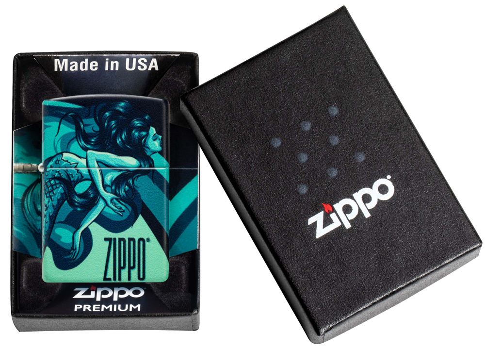 Зажигалка Zippo Mermaid Design с покрытием 540 Matte, латунь/сталь, черная, матовая, 38x13x57 мм