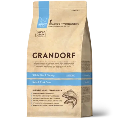 Grandorf White Fish & Turkey, Skin & Coat Care для взрослых кошек с чувствительной кожей и шерстью (Белая рыба с индейкой)