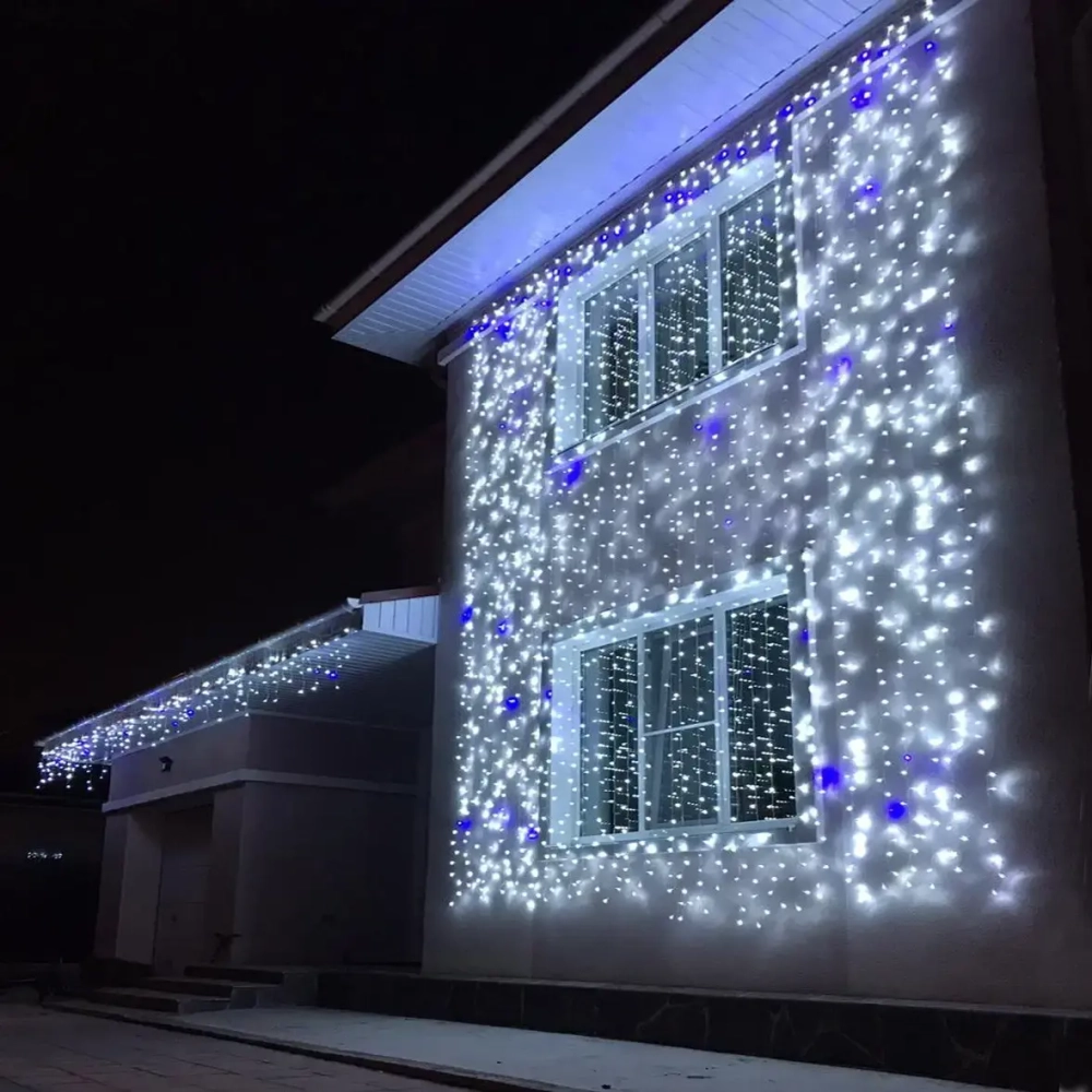 Гирлянда для улицы ЗАНАВЕС «Мерцание» ш2.0* в6.0 м 960 ламп LED, прозрач.пров,1 реж.,IP-54, Белый, синий мерцает (возможность соединения)
