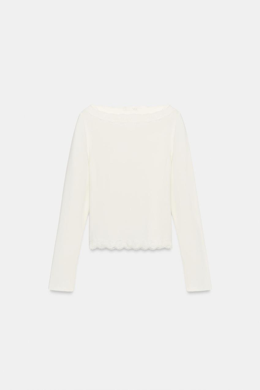 ZARA ТОП С КРУЖЕВНЫМ ВЫРЕЗОМ ЛОДОЧКОЙ, ЭКРЮ