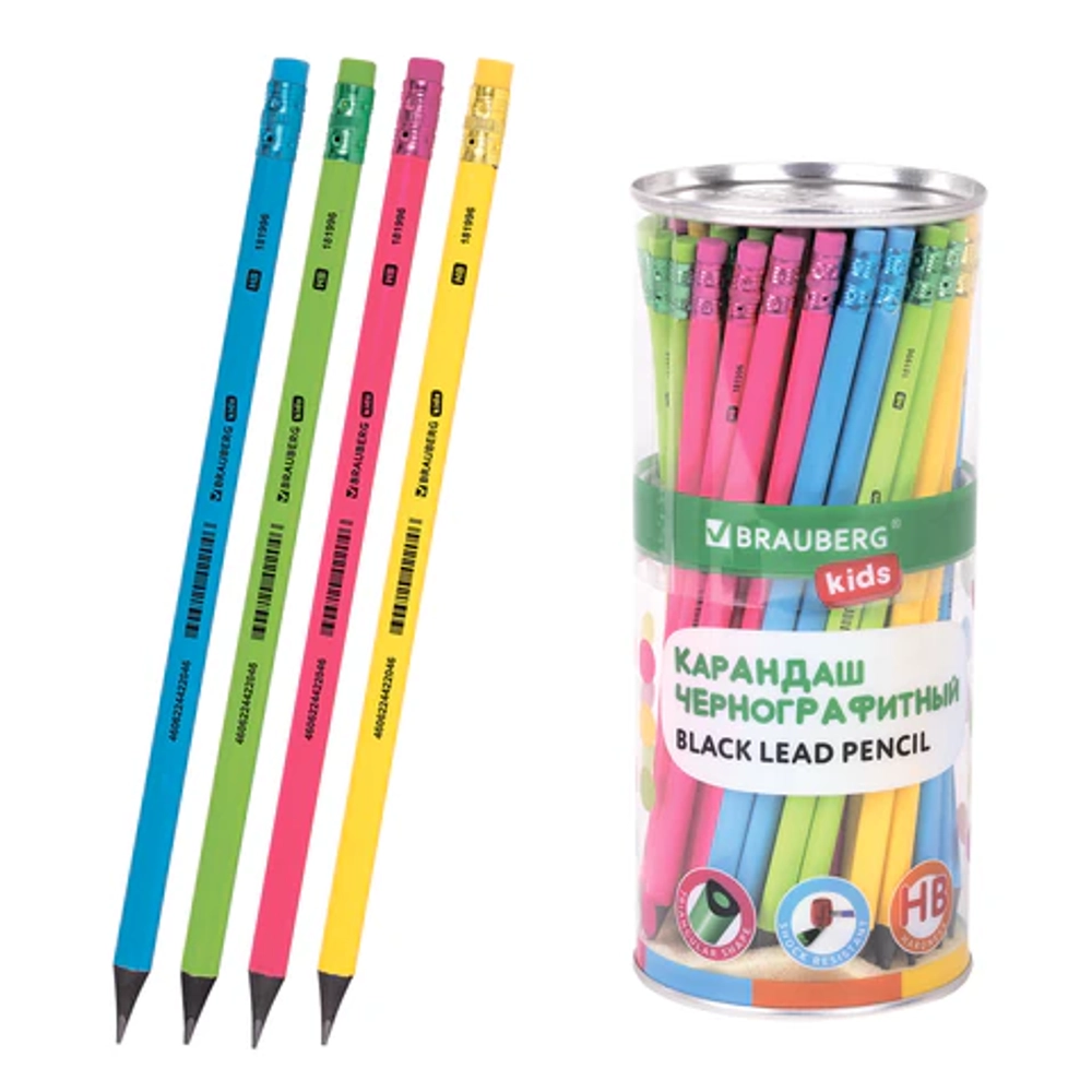 Карандаш чернографитный BRAUBERG KIDS, 1 шт., HB, трехгранный, с ластиком, 181996