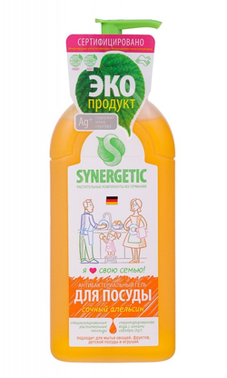 Средство д/мытья посуды антибактериальное Synergetic ЭКО 1л Апельсин, с дозатором
