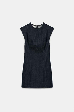 ZARA ДЖИНСОВОЕ МИНИ-ПЛАТЬЕ TRF С ПЛЕЧИКАМИ, ТЕМНЫЙ ИНДИГО