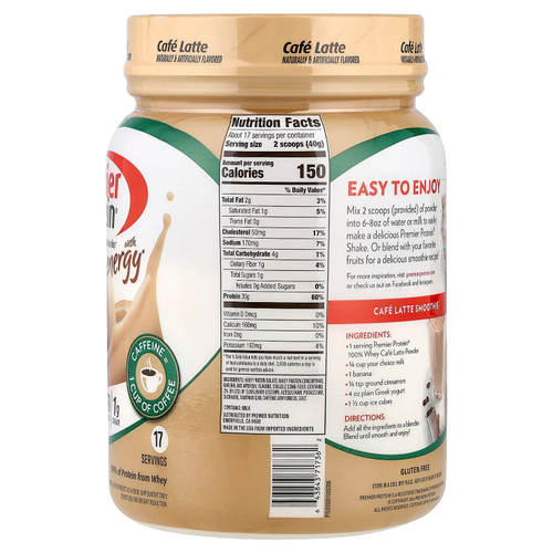 Premier Protein, Порошок из 100% сывороточного протеина с энергией, кофейный латте, 680 г (23,9 унции)