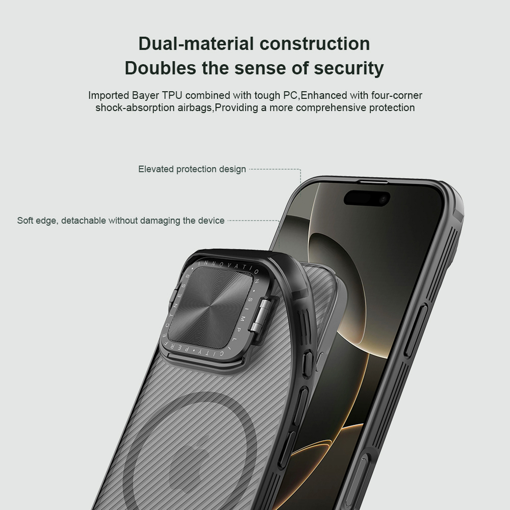 Чехол прозрачный тонированный (Transparent Black) от Nillkin с металлической крышкой и поддержкой MagSafe на iPhone 16 Pro Max, серия CamShield Prop Magnetic Case