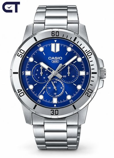 CASIO MTP-VD300D-2E CASIO Collection мужские наручные часы — синий циферблат, три индикатора и выразительный стальной дизайн
