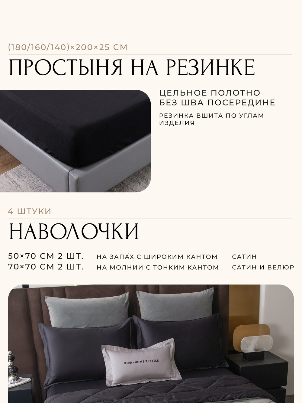 КПБ на резинке Сатин Velvet Premium с Одеялом VPR004, Евро, 4 наволочки, простынь 160*200*25