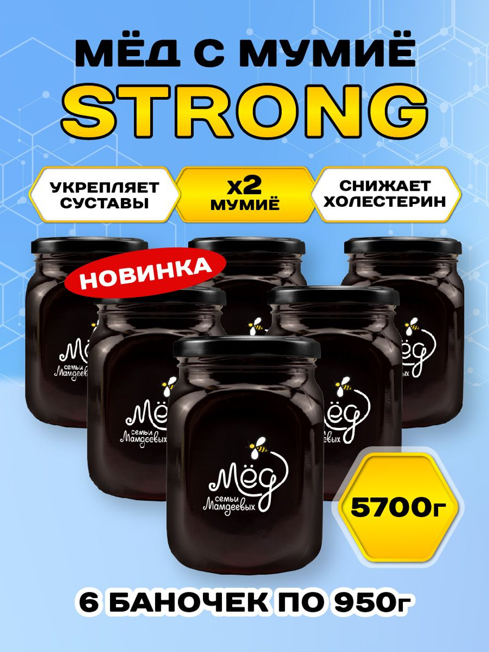 Мёд натуральный с мумие STRONG набор (6 банок по 950 г), 5700 г