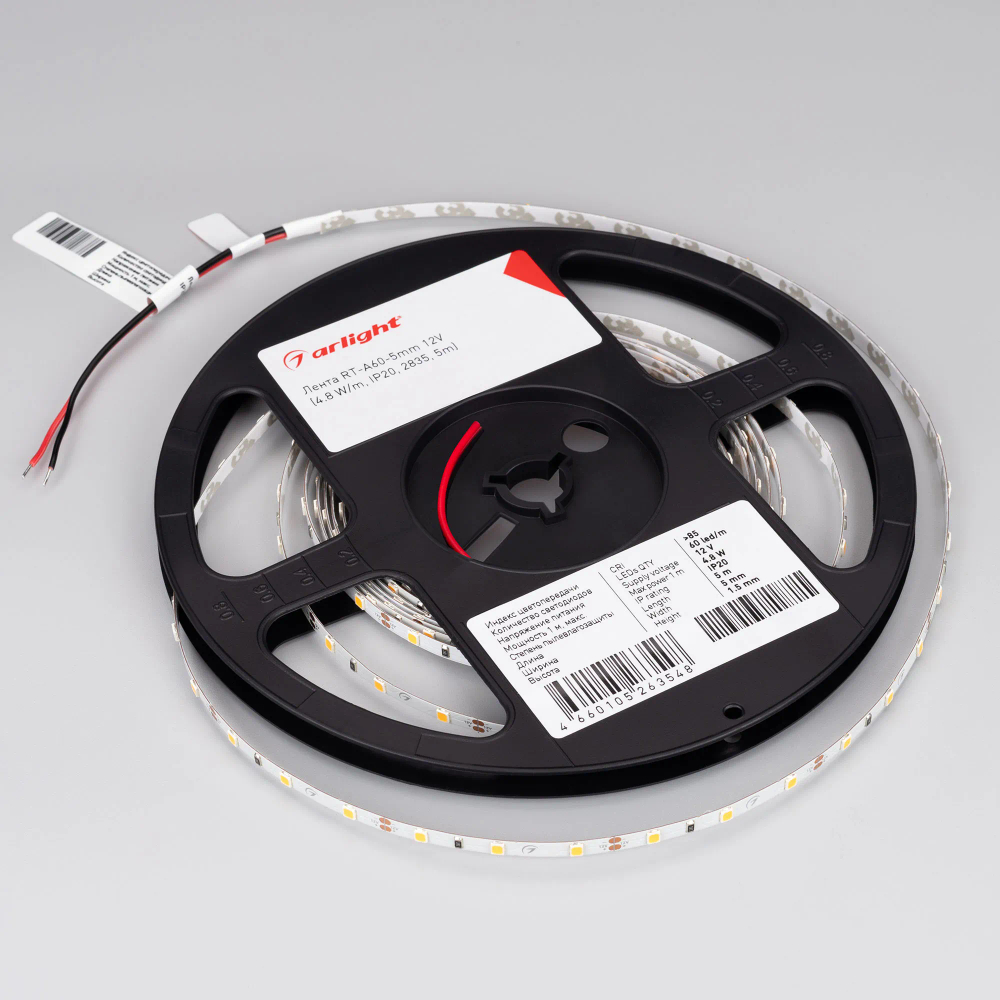 Светодиодная лента RT-A60-5mm 12V White6000 (4.8 W/m, IP20, 2835, 5m) (Arlight, 4.8 Вт/м, IP20) 028612(2)