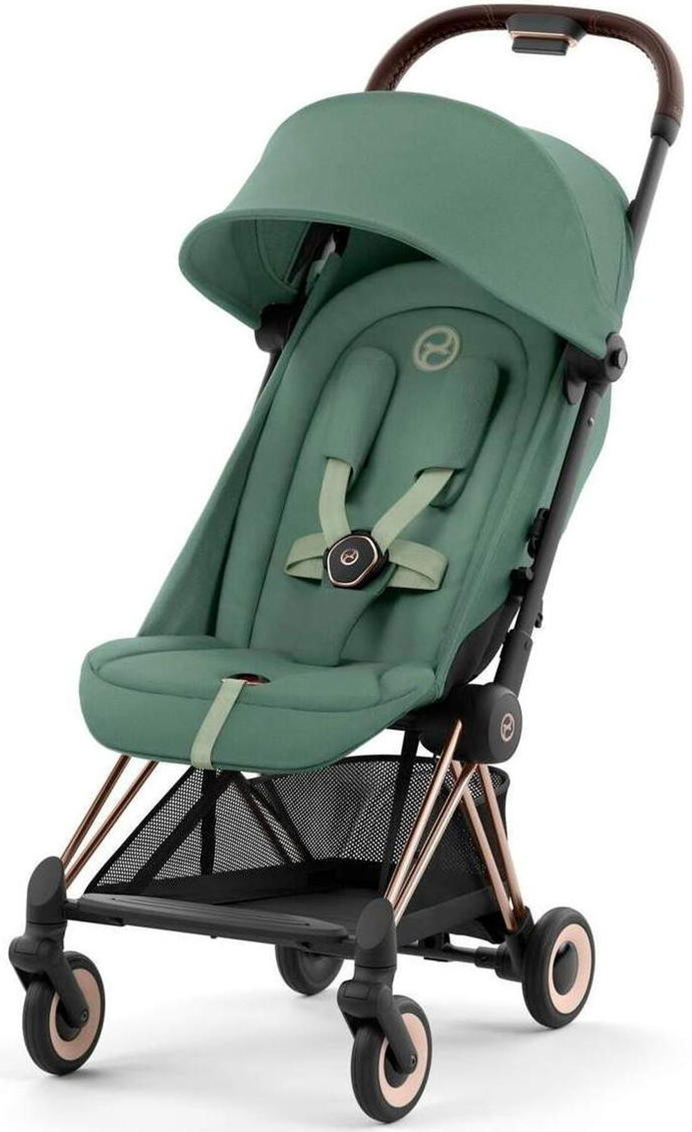 Коляска Cybex Coya Rosegold Frame Aton B2 i-Size Steel Grey Leaf Green с дождевиком и бампером