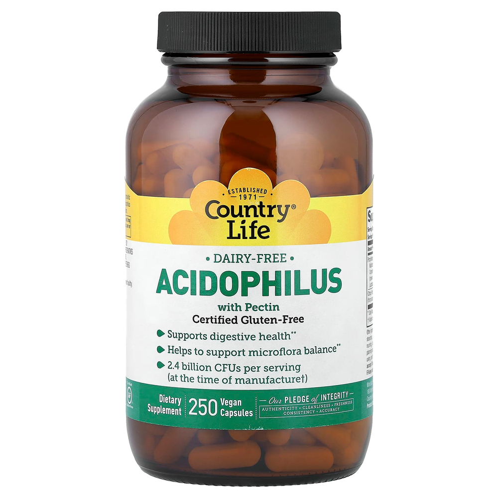 Country Life, Acidophilus, добавка с ацидофильными лактобактериями с пектином, 250 веганских капсул