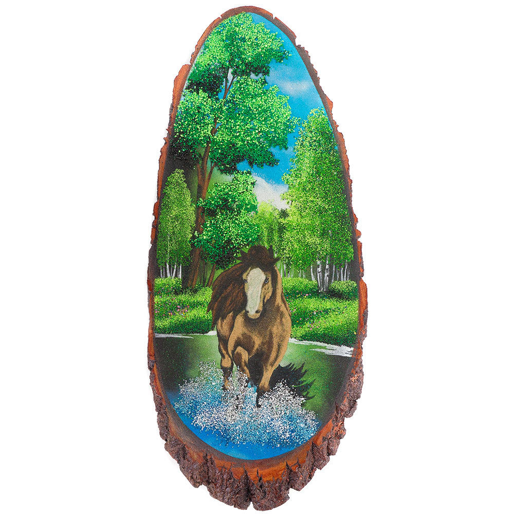 Картина на срезе дерева "Конь лето" 65-70 см R120639