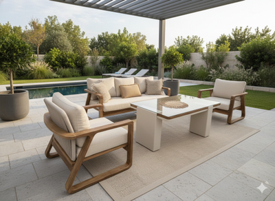 Комплект EYLUL Seating Set. Диван + 2 Кресла + Стол. Алюминий, ироко. Поставка 45 дней.