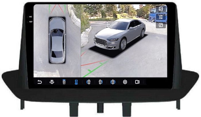 Магнитола для Renault Fluence, Megane 2009-2017 - FarCar BX145M-360 монитор 9.5" 2K QLED на Android 13, Быстрая, CarPlay, 4G SIM-слот, 4 камеры в комплекте