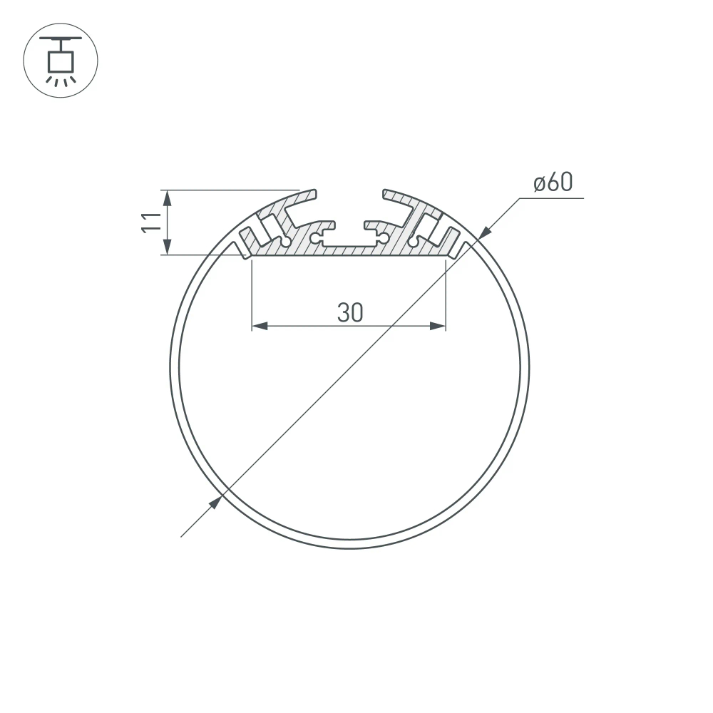 Профиль с экраном SL-ROUND-D60-2500 ANOD+OPAL (Arlight, Алюминий) 020474