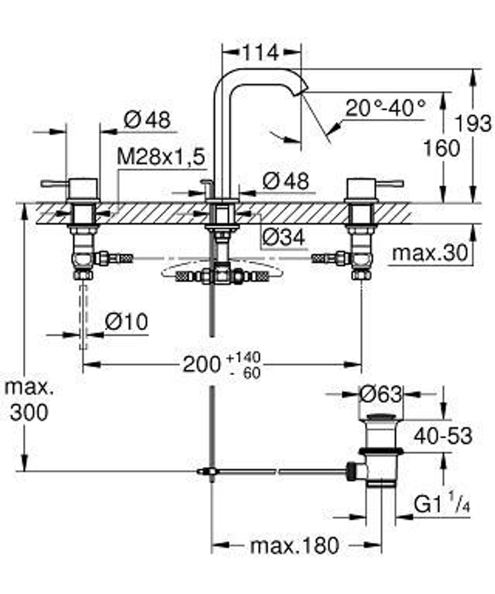 Смеситель  для раковины на 3 отверстия Grohe  Essence New 20296001 схема