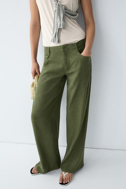 Massimo Dutti Прямые брюки из смесовой льняной ткани, зеленый