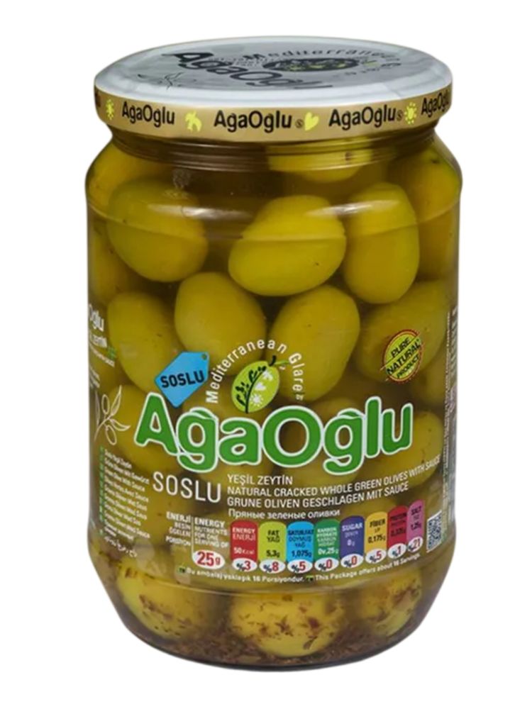 Оливки зеленые AgaOglu Soslu в соусе пряные 720 г