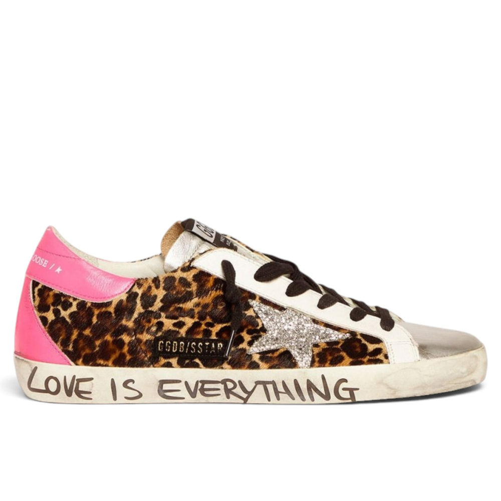 Women's Golden Goose Superstar in Leopard Pint with Silver Glitter Star and Fuchsia Heel Tab