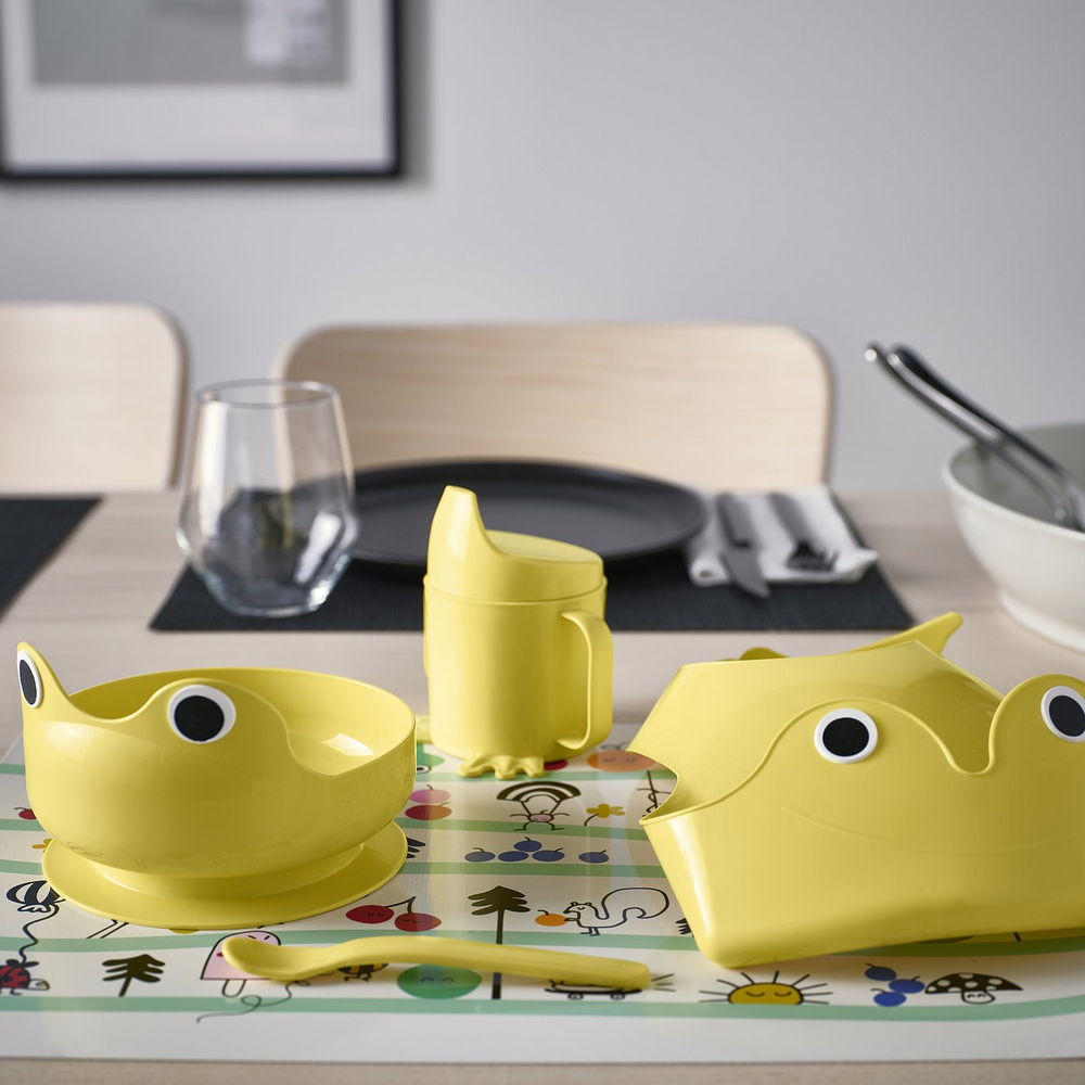 IKEA MATA  (ИКЕА МАТА)  -  Набор посуды, слюнявчик и ложка, 4 шт. - светло-жёлтый