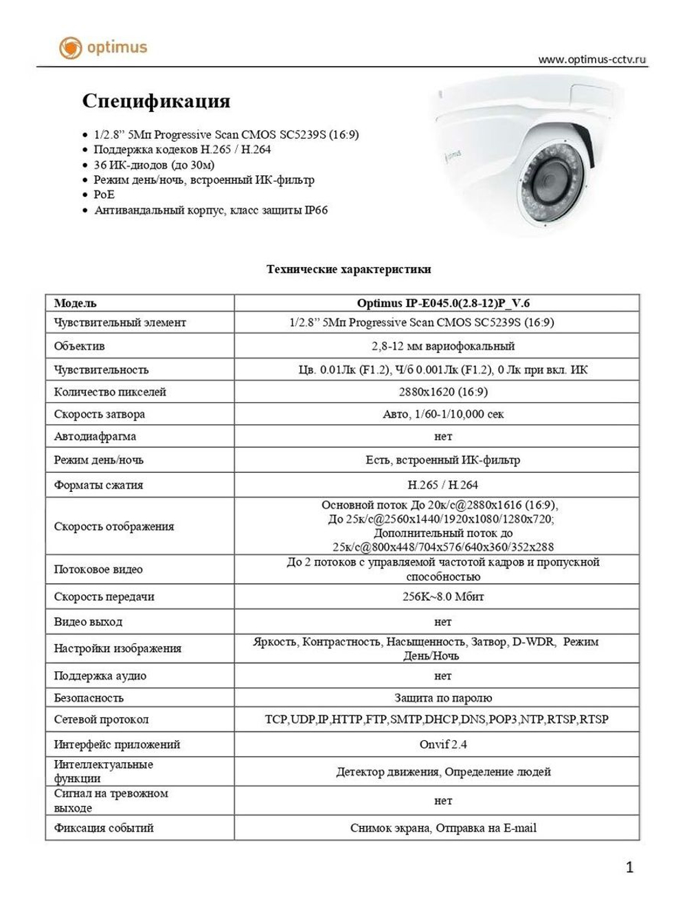 Видеокамера Optimus IP-E045.0(2.8-12)P_V.6