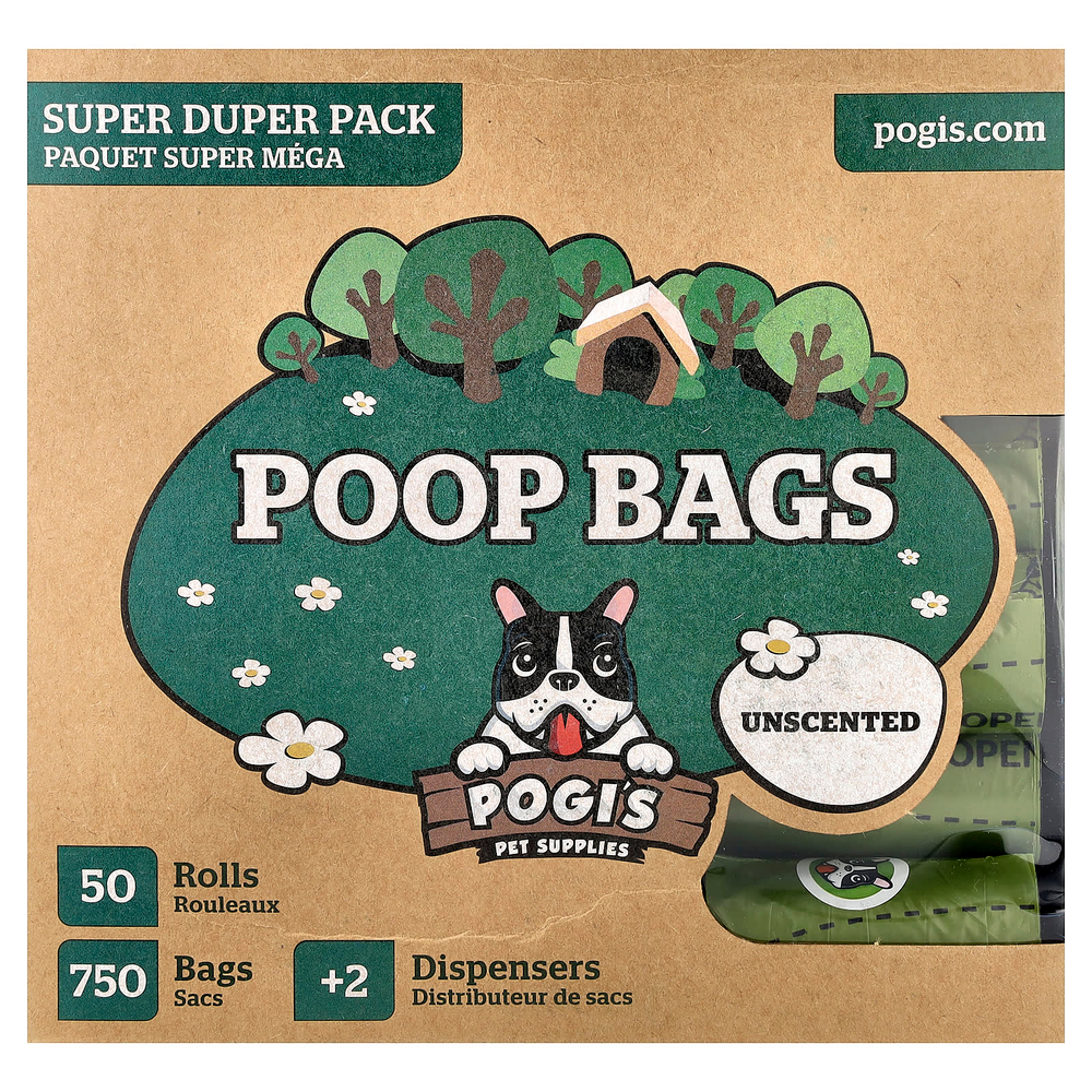 Pogi's Pet Supplies, пакеты для уборки, Super Duper Pack, без запаха, 50 рулонов, 750 пакетиков, 2 дозатора
