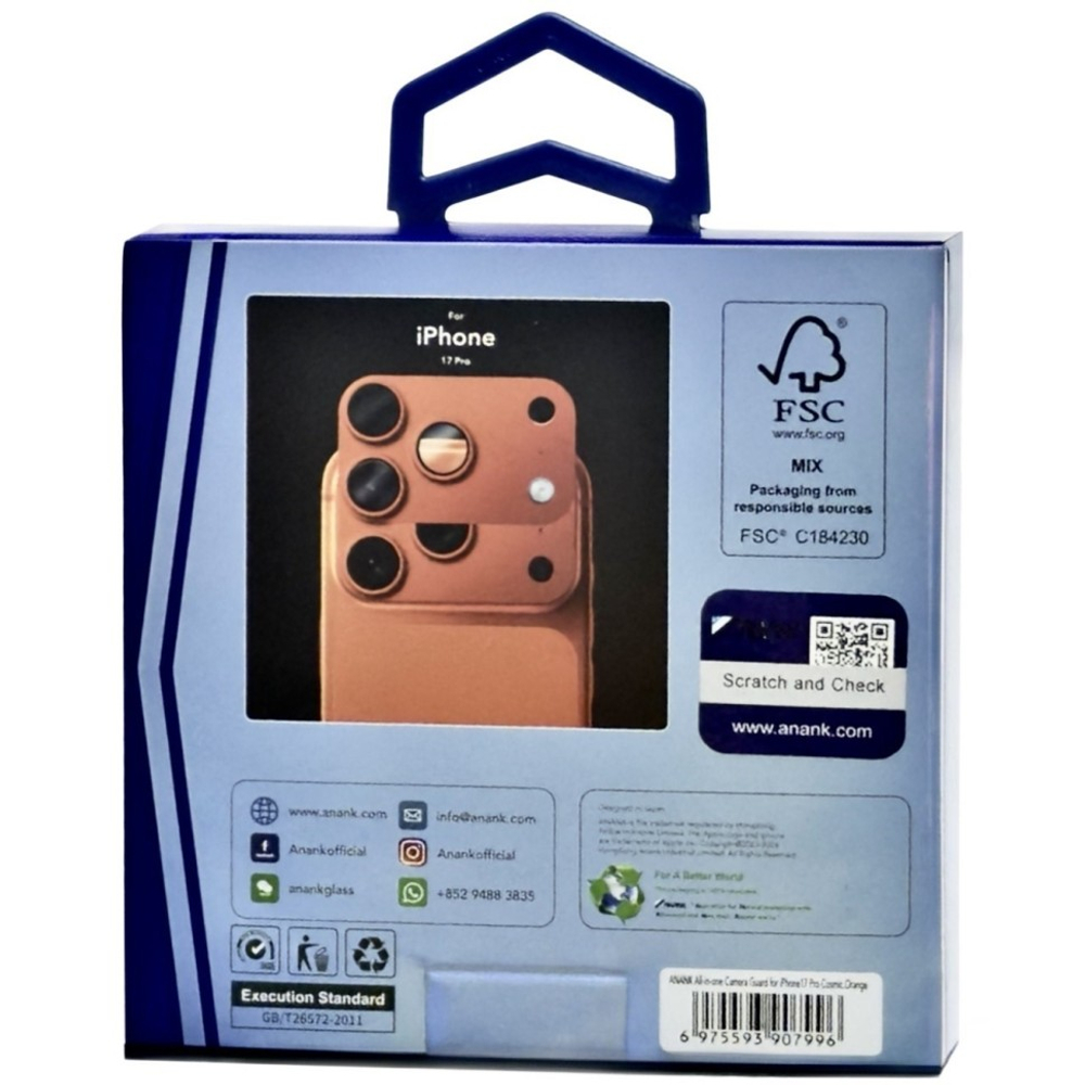 Защитное стекло для задней камеры с площадкой i-Phone 17 Pro ANANK 10X Reinforced Corning Orange