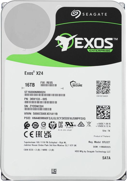 Внутренний HDD 3.5" Seagate Exos X24, 16Тб, SATA3, Bulk, Чтение:260мб/с, 7200об/мин, Буфер:512Мб (ST16000NM002H)