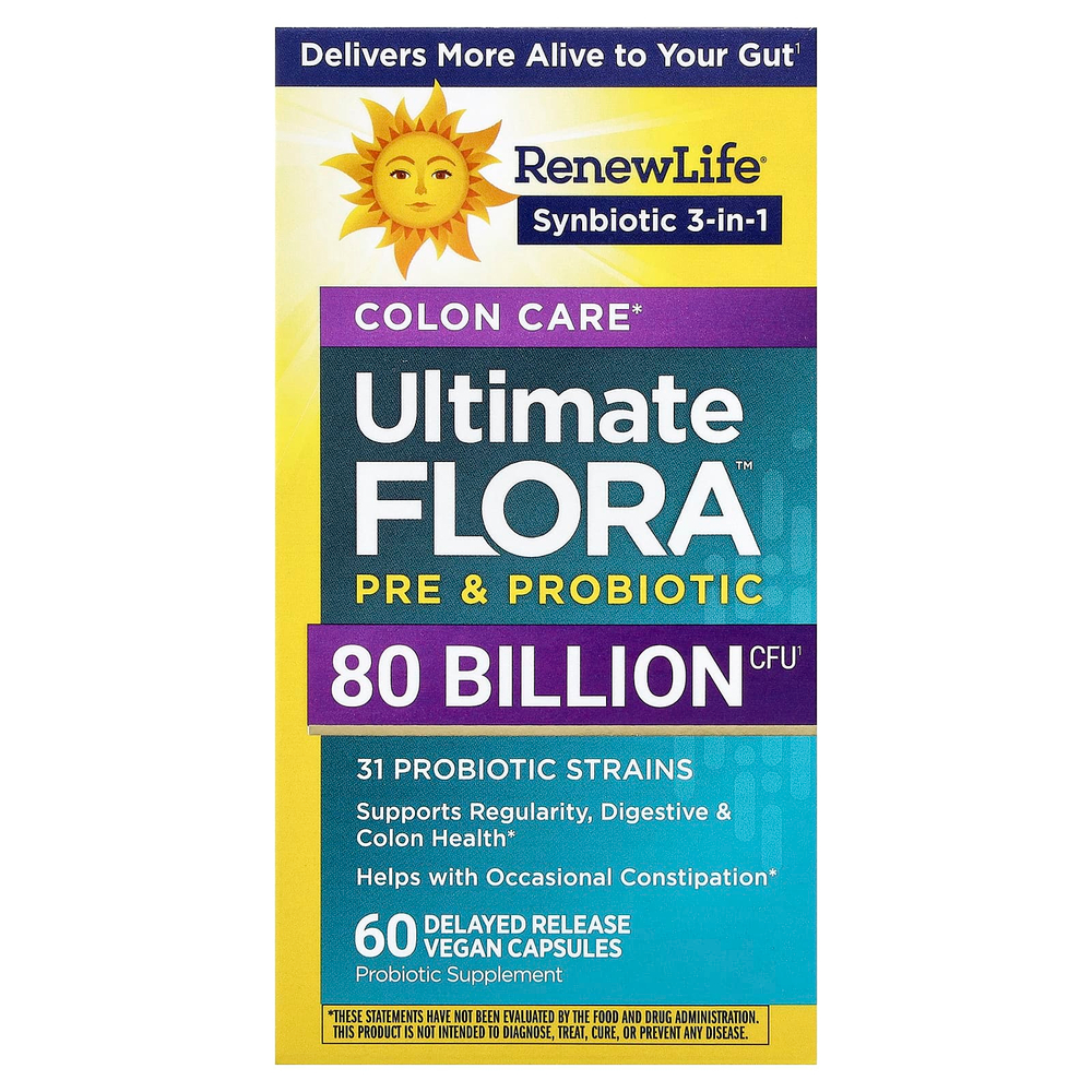 Renew Life, Colon Care Ultimate Flora™, пробиотик Colon Care, 60 веганских капсул с отсроченным высвобождением