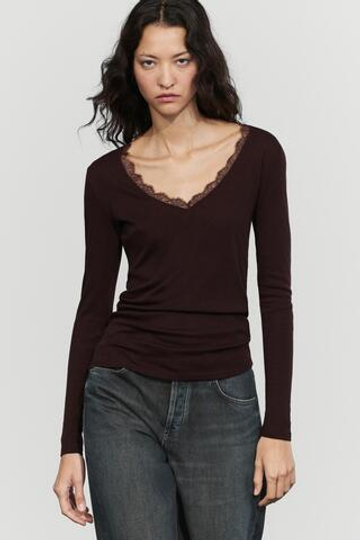 Massimo Dutti Футболка с длинными рукавами в бельевом стиле, коричневый