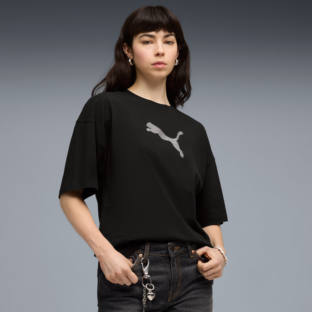 Футболка женская PUMA ESS GRAPHICS LEO LUXE Bedazzled Oversized Tee