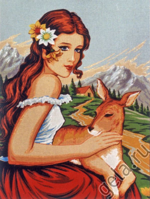Рисунок для вышивания Soulos (канва жесткая), Девушка с олененком, 45х60 см