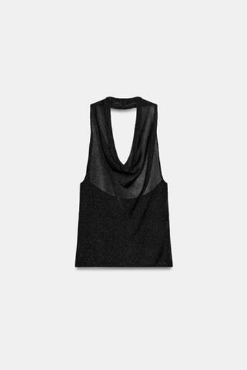 ZARA ТРИКОТАЖНЫЙ ТОП ХАЛТЕР С БЛЕСТЯЩЕЙ НИТЬЮ, ЧЕРНЫЙ