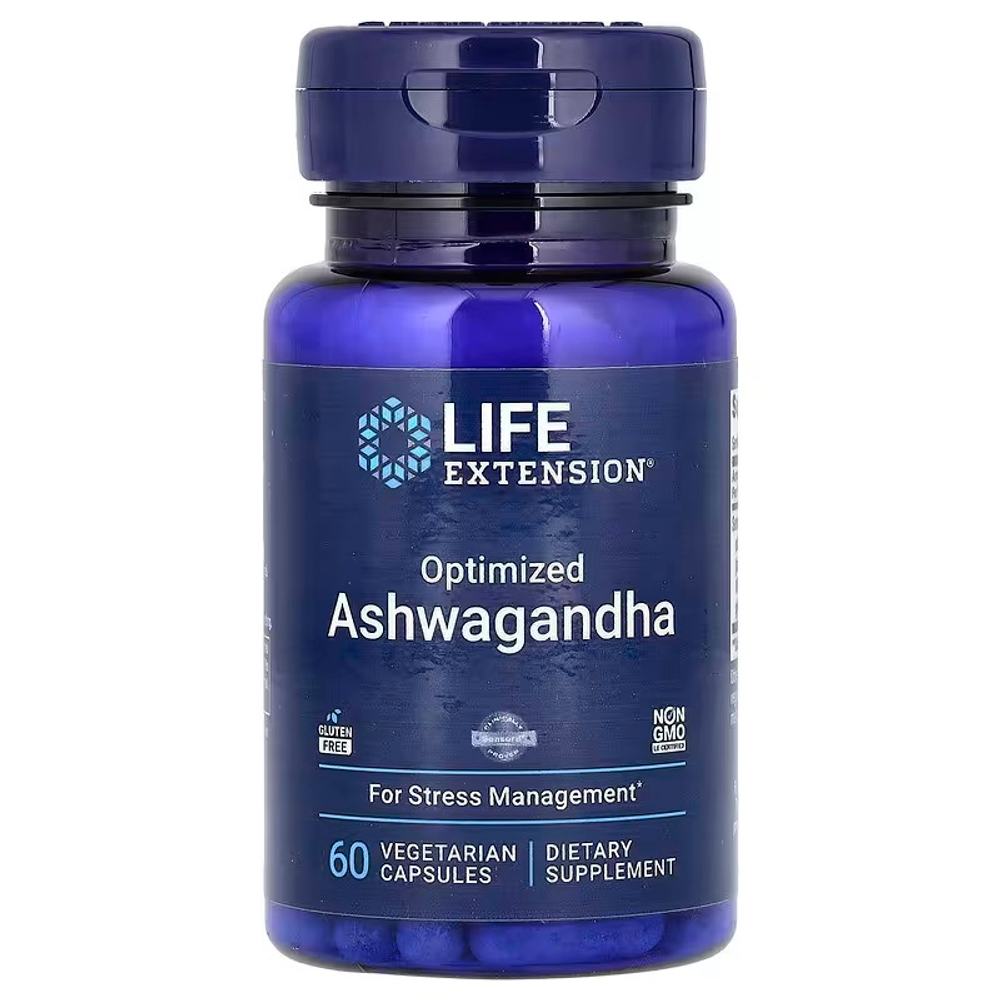 Life Extension, оптимизированная ашваганда, 60 вегетарианских капсул (125 мг в 1 капсуле)