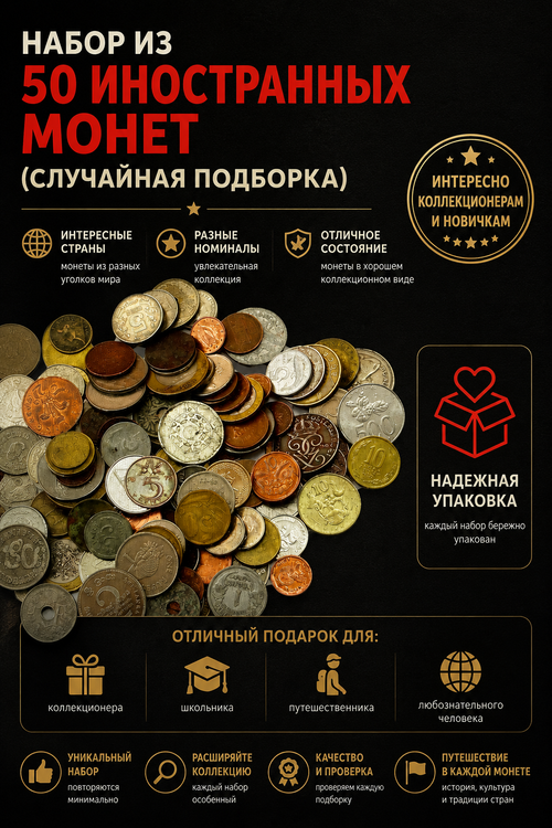 Иностранные монеты Набор из 50 штук без повторов - случайная подборка