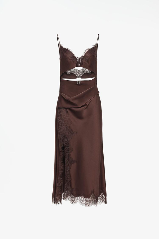 ZARA X JOHN GALLIANO АТЛАСНОЕ ПЛАТЬЕ С КРУЖЕВНЫМИ ВСТАВКАМИ LIMITED EDITION, КОРИЧНЕВЫЙ