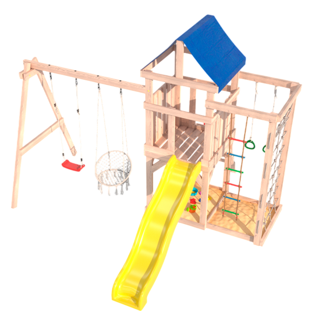 Детская площадка неокрашенная Fun Land с сеткой стенкой и плетенным креслом