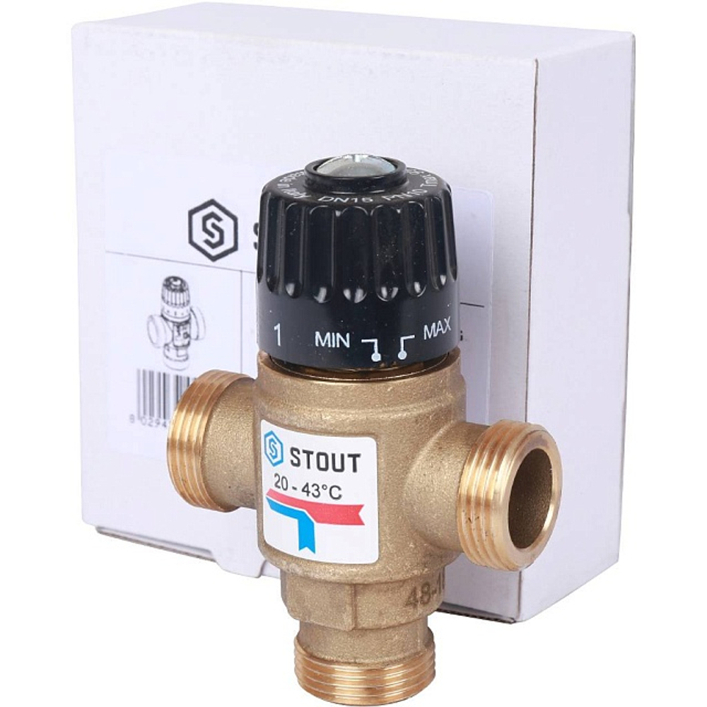 Клапан термостатический смесительный STOUT - 3/4" (НР, 20-43°C, Kvs 1.6, L-образное смешивание)
