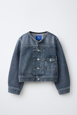 ZARA ДЖИНСОВАЯ КУРТКА БЕЗ ВОРОТНИКА, СИНИЙ