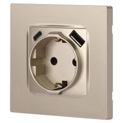 Розетка ЭРА Серия 12 12-4108-04 2P+E 16A-250В со шторками с USB type-A+C 5В-3А шампань | Эра 12