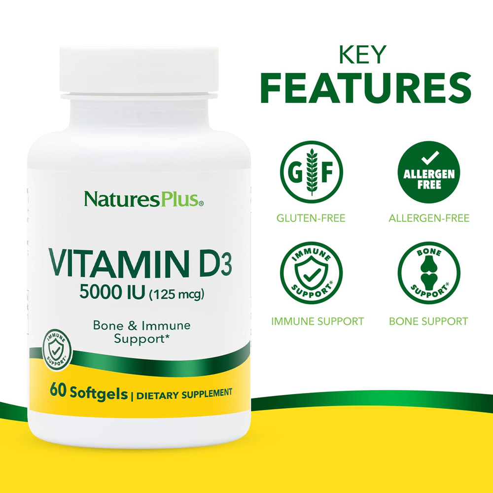 NaturesPlus, витамин D3, 125 мкг (5000 МЕ), 60 мягких таблеток