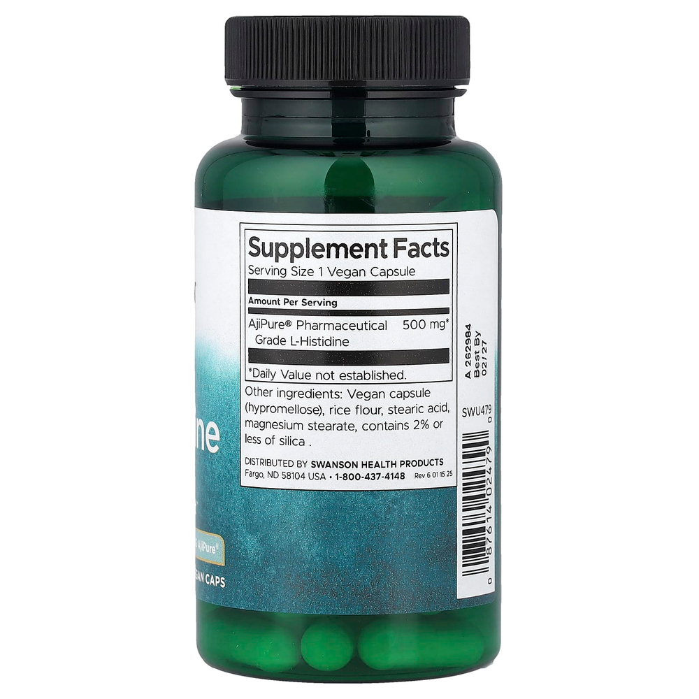 Swanson Vitamins, L-гистидин, 500 мг, 60 веганских капсул
