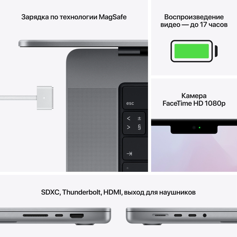 Ноутбук Apple MacBook Pro A2442 M1 Pro 8 core 32Gb SSD512Gb/14 core GPU 14.2" Liquid Retina XDR (3024x1964) macOS grey space WiFi BT Cam (Z15G000CK)