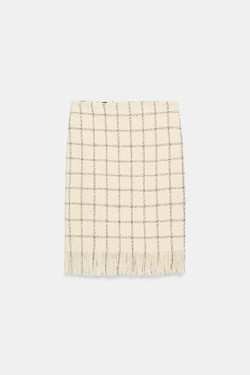 ZARA ЮБКА МИДИ В КЛЕТКУ С БАХРОМОЙ, ЭКРЮ/ЧЕРНЫЙ